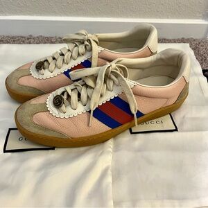 Gucci G74 Web Leather And Suede Pink Oatmeal Casual Sneakers Size 37.5